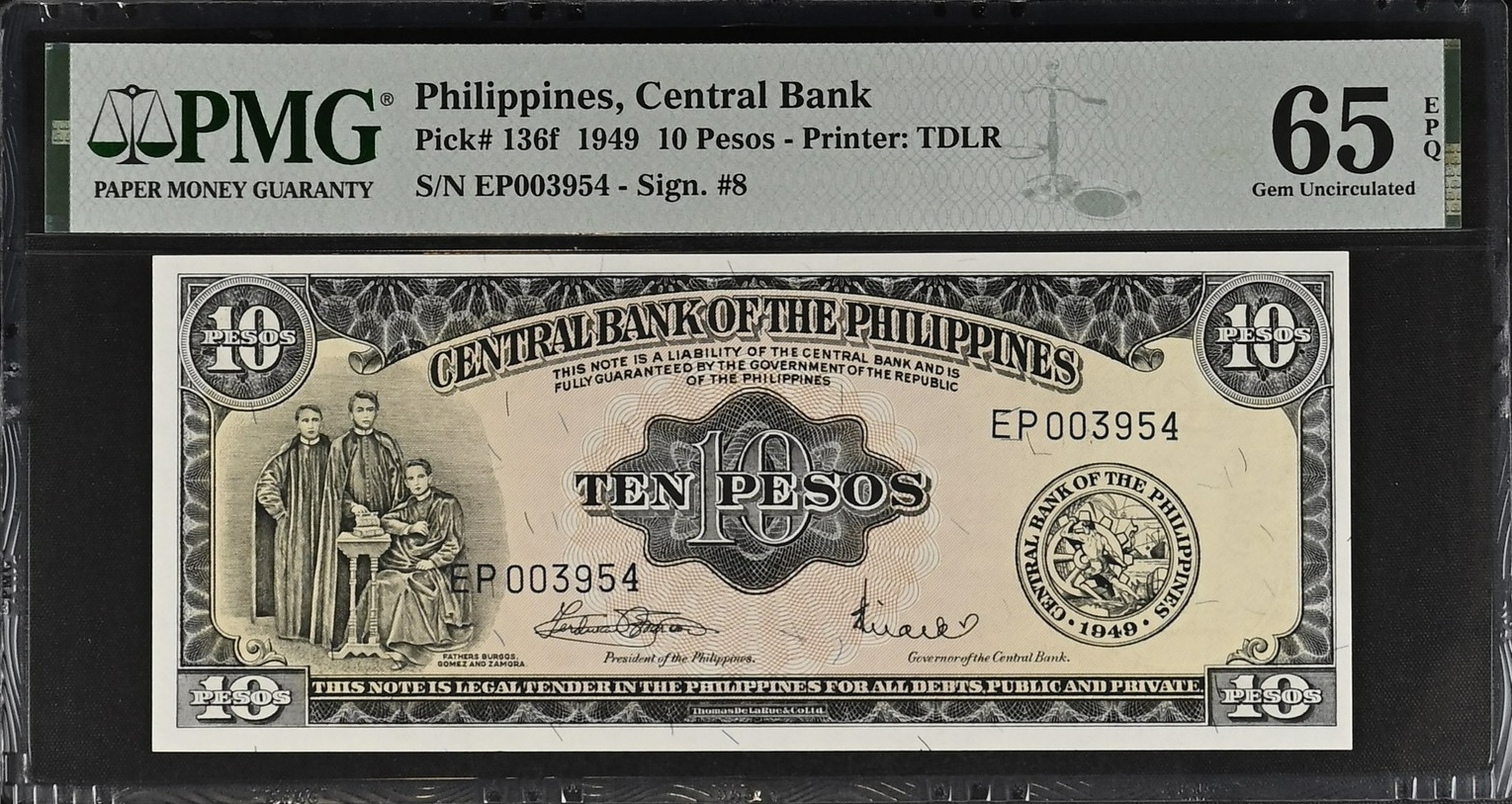 Philippines 10 Pesos 1949 P 136f UNC PMG 65 EPQ LOW S/N 003954 2nd TOP POP