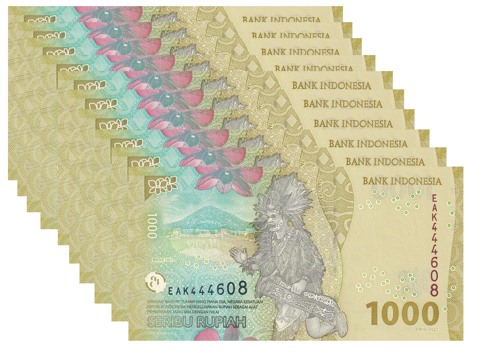 Indonesia 1000 Rupiah 2022 P 162 New design UNC 1/10 Bundle LOT 10 Pcs