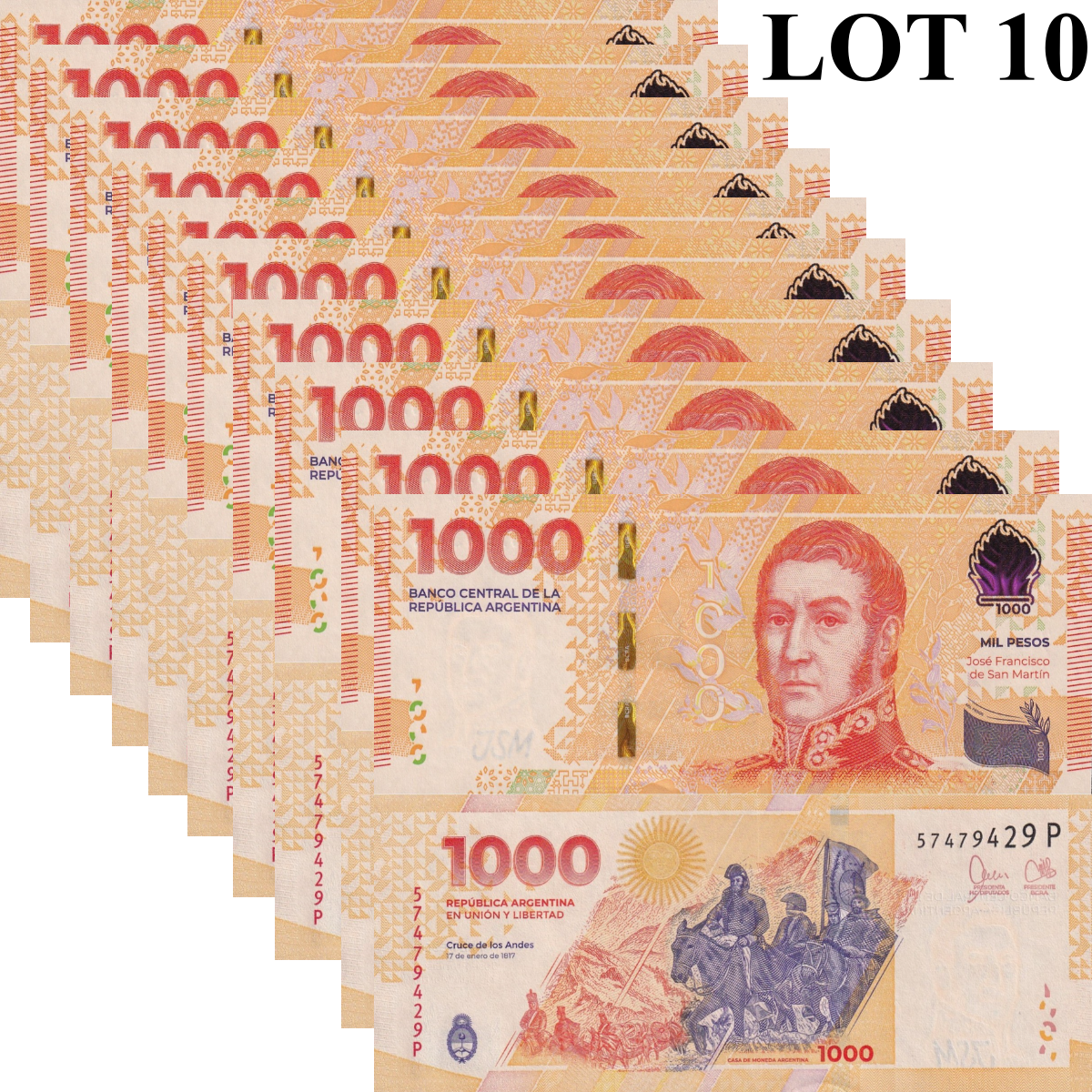 Argentina 1000 Pesos ND 2023 P 367 UNC 1/10 Bundle Lot 10 pcs