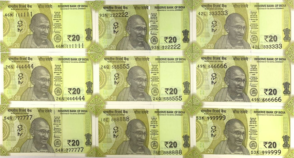 India 20 Rupees 2019-2023 P 110 UNC Set 9 pcs SOLID 1-9 111111-999999