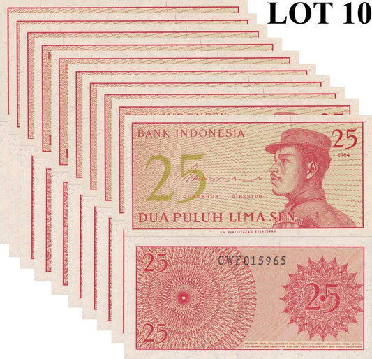 Indonesia 25 Sen 1964 P 93 UNC 1/10 Bundle LOT 10 pcs