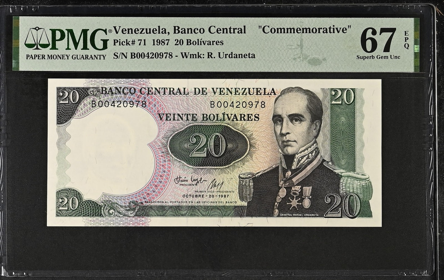 Venezuela 20 Bolivares 1987 P 71 Commemorative UNC PMG 67 EPQ 2nd TOP POP