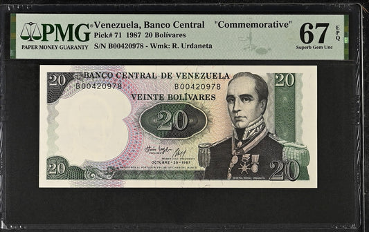 Venezuela 20 Bolivares 1987 P 71 Commemorative UNC PMG 67 EPQ 2nd TOP POP