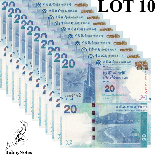 Hong Kong 20 Dollars 2014 P 341d UNC BOC 1/10 Bundle LOT 10 pcs NR (No Reserve)