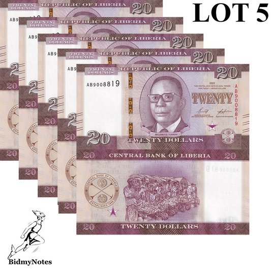 Liberia 20 Dollars 2022 P 39 UNC LOT 5 Pcs