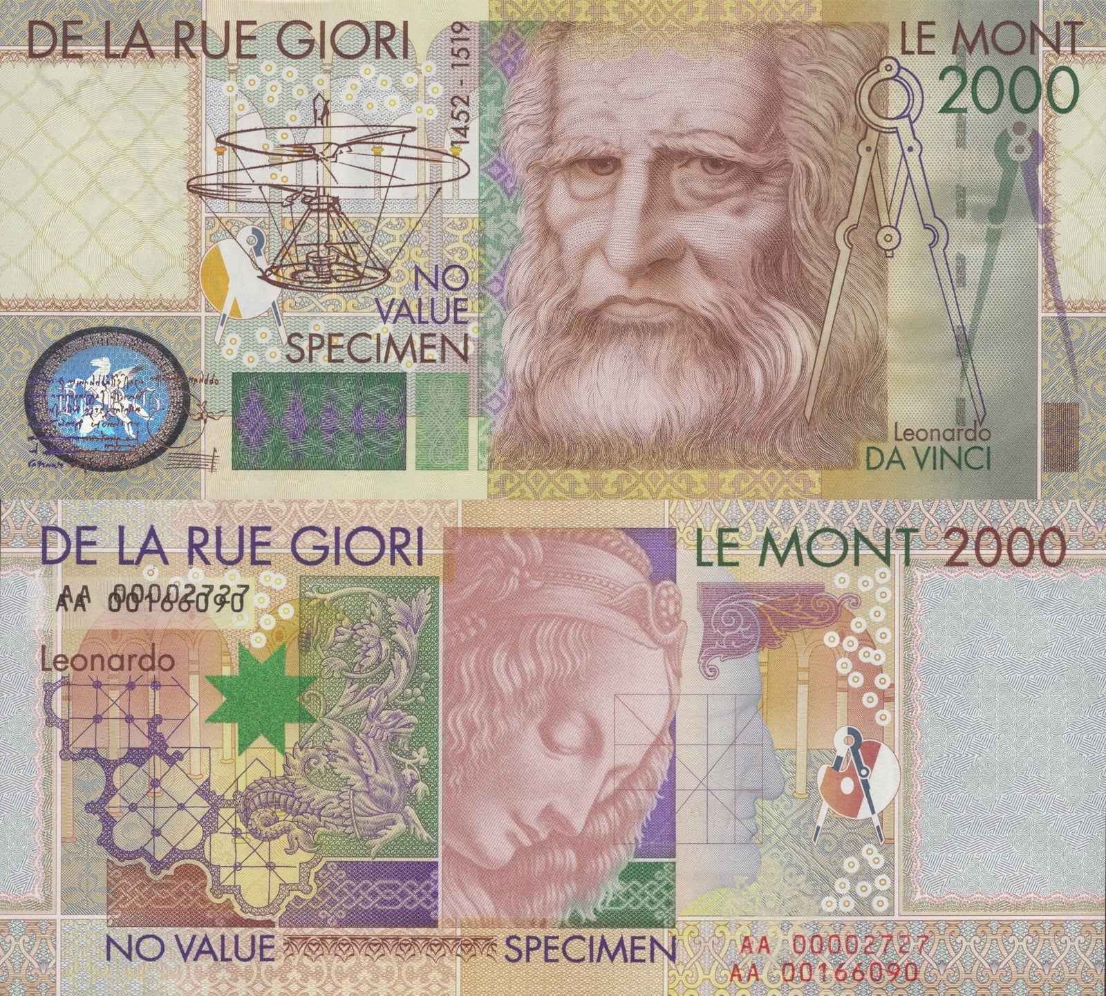 De La Rue Giori 2000 Specimen Overprint S/N ERROR Leonardo Da Vinc No.Type 1 UNC