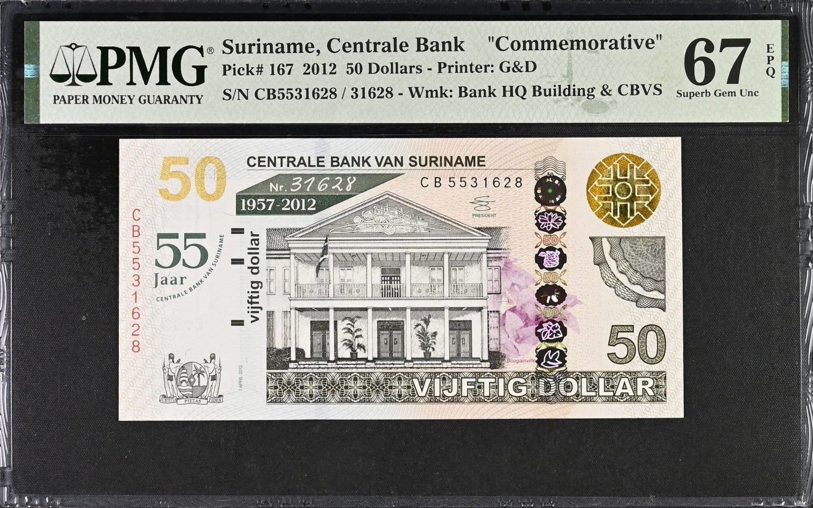 Suriname Commemorative 50 Dollars 2012 P 167 UNC PMG 67 EPQ With Folder