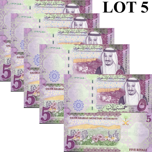 Saudi Arabia 5 Riyals 2016 P 38 UNC 1/20 Bundle LOT 5 pcs