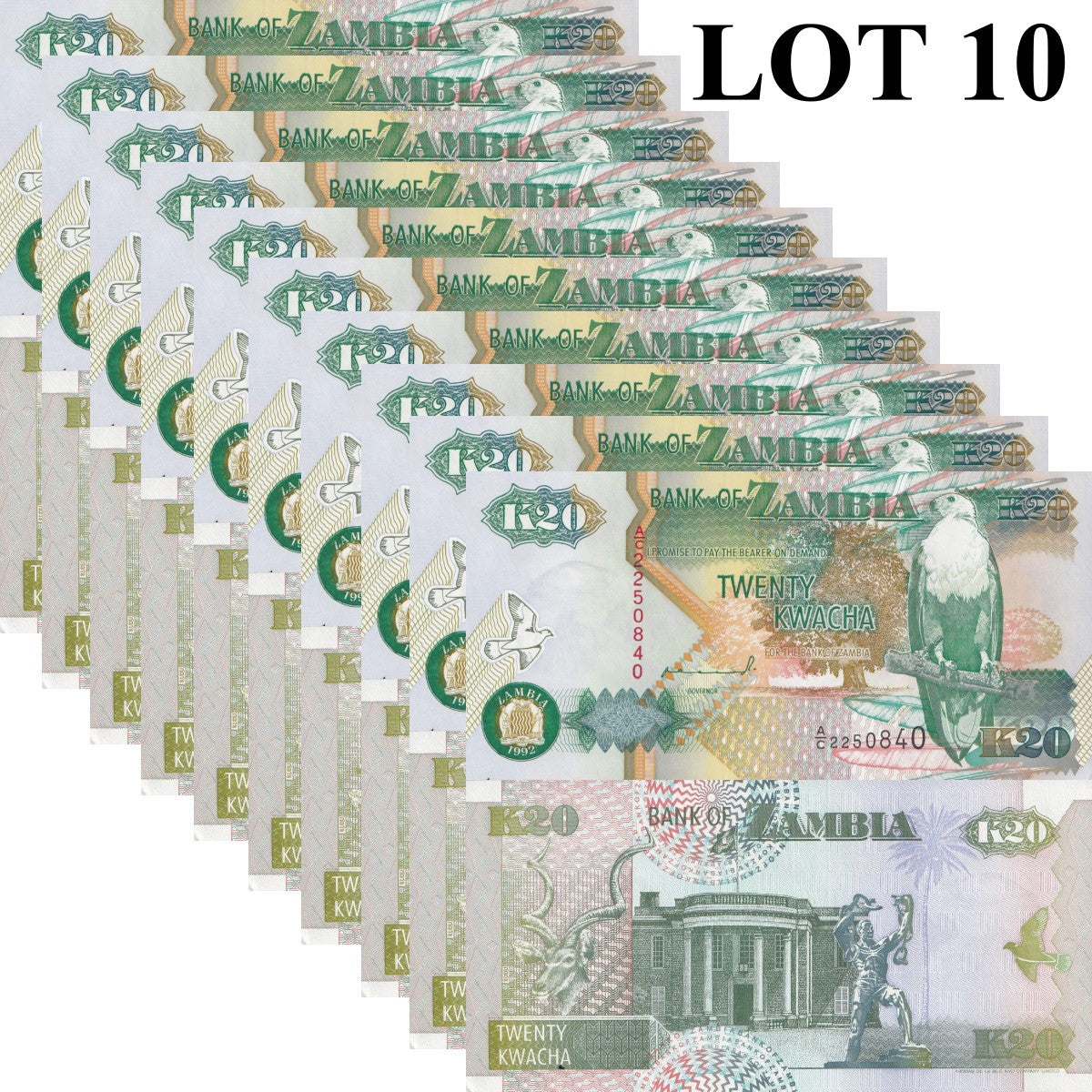Zambia 20 Kwacha 1992 P 36 UNC 1/10 Bundle Lot 10 pcs