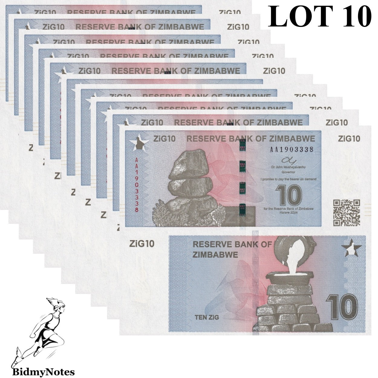 Zimbabwe 10 Zig 2024 P 110 UNC AA First Prefix 1/10 Bundle LOT 10 pcs