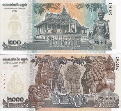 Cambodia  200 2000 Riels 2022  P 65A 67A UNC Set 2 Pcs.