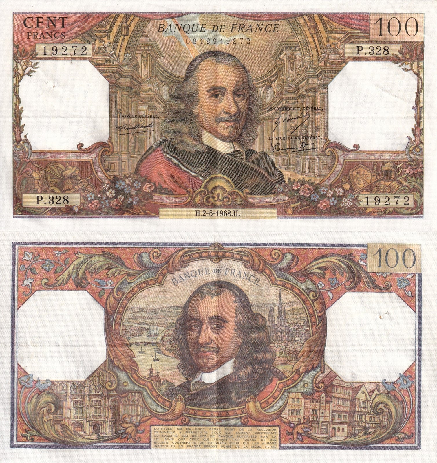 France 100 Francs 1968 P 149c EF W/Hole 