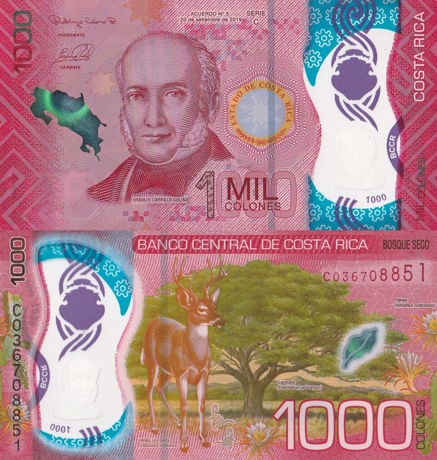 Costa Rica 1000 Colones 2019(2021) P 280 New Polymer UNC