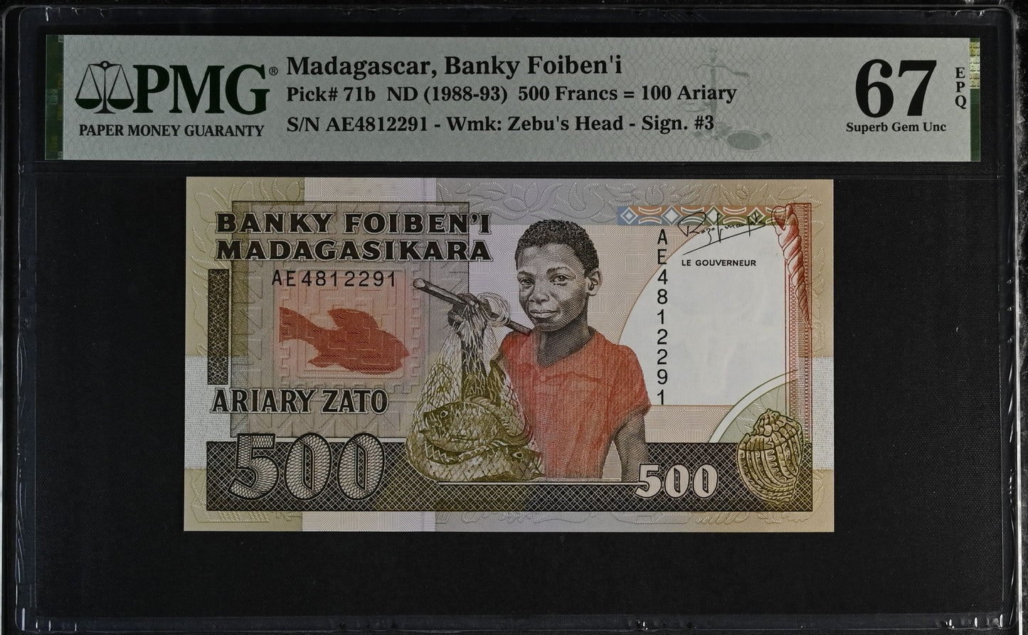 Madagascar 500 Francs 100 Ariary 1988-93 P 71b UNC PMG 67 EPQ 3rd TOP POP