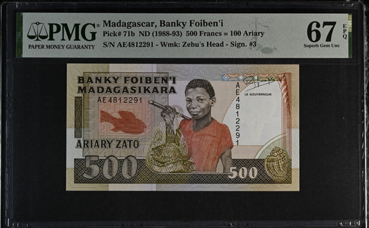 Madagascar 500 Francs 100 Ariary 1988-93 P 71b UNC PMG 67 EPQ 3rd TOP POP