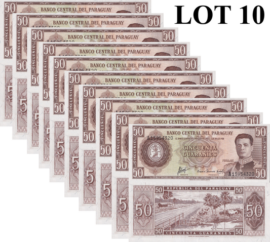 Paraguay 50 Guaraníes 1952 P 197 UNC 1/10 Bundle Lot 10 pcs
