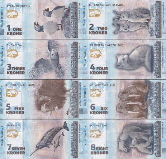 Greenland Complete set of Eight Souvenir Note UNC Test Note Set 8 pcs