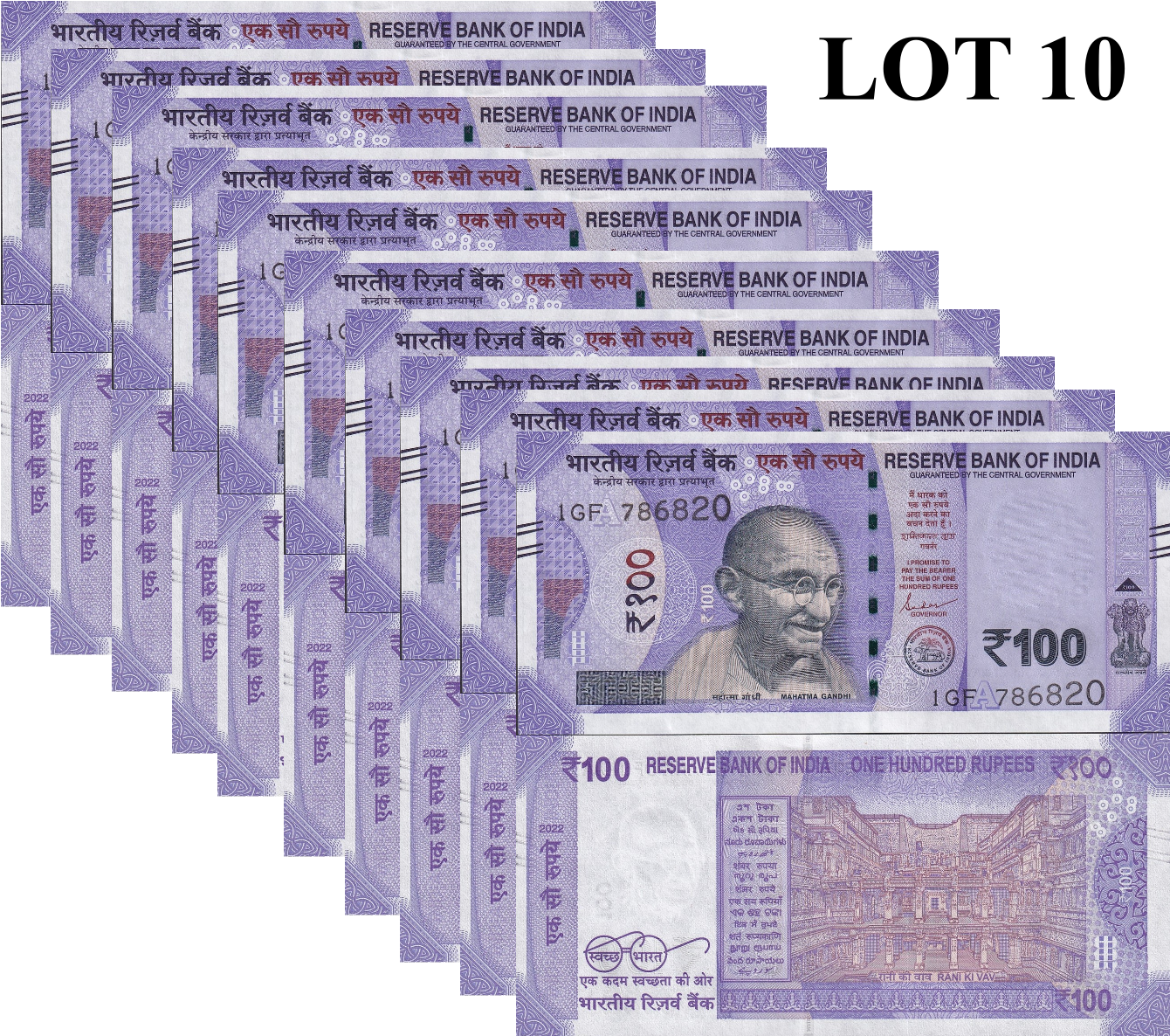 India 100 Rupees 2022 P 112 UNC 1/10 Bundle Lot 10 pcs