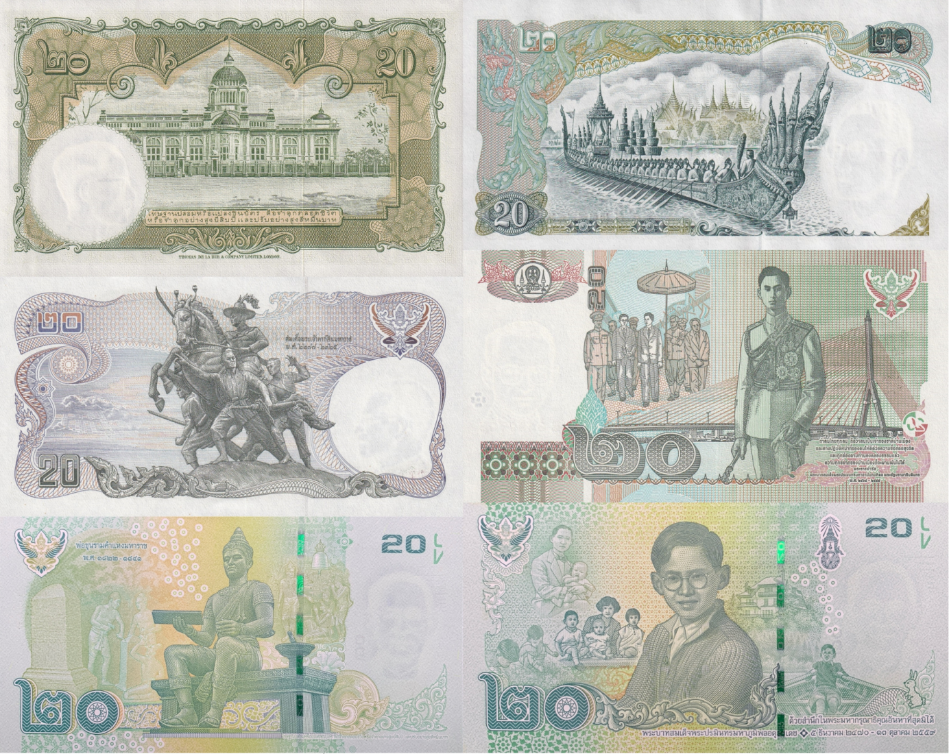 Thailand 20 Baht 1955-2016 ND 2017 P 77 84 88 109 118 130 UNC Set 6 pcs