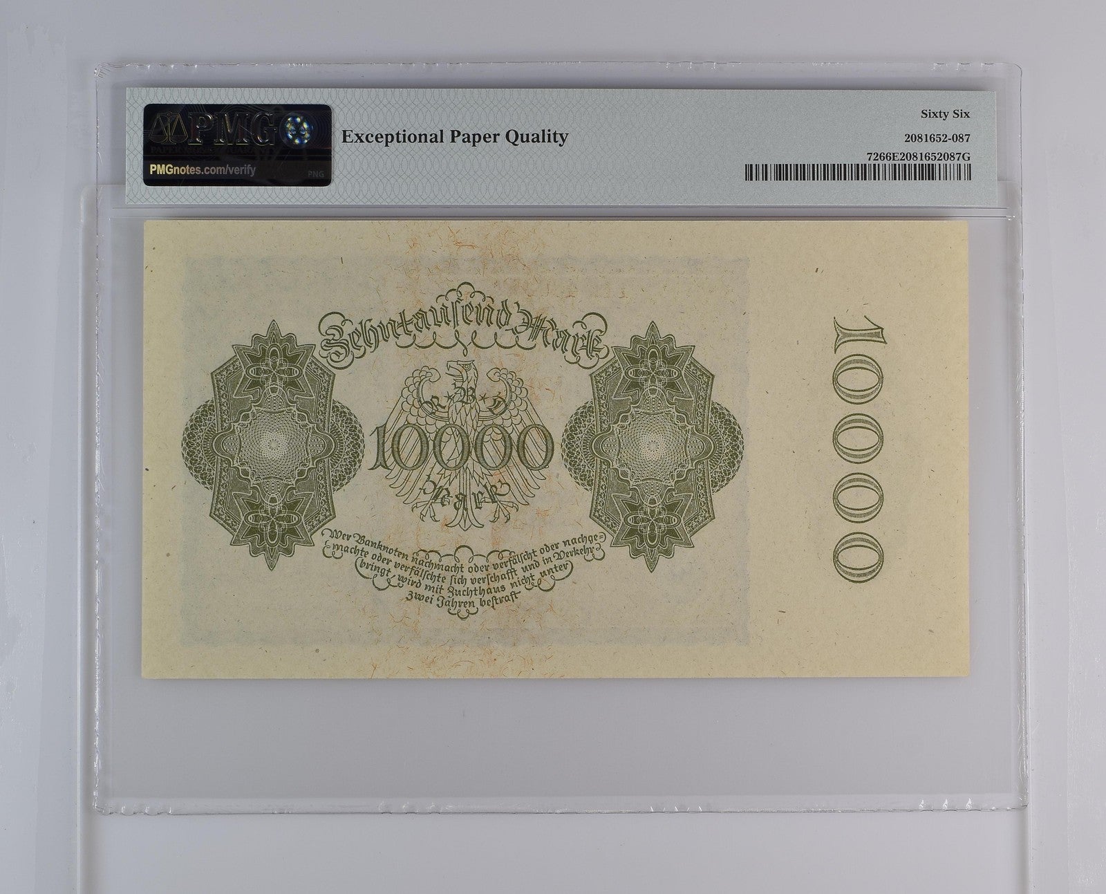 Germany Treasury Note 10000 1922 P 72 UNC S/N 6 Digit PMG 66 EPQ 3rd TOP POP