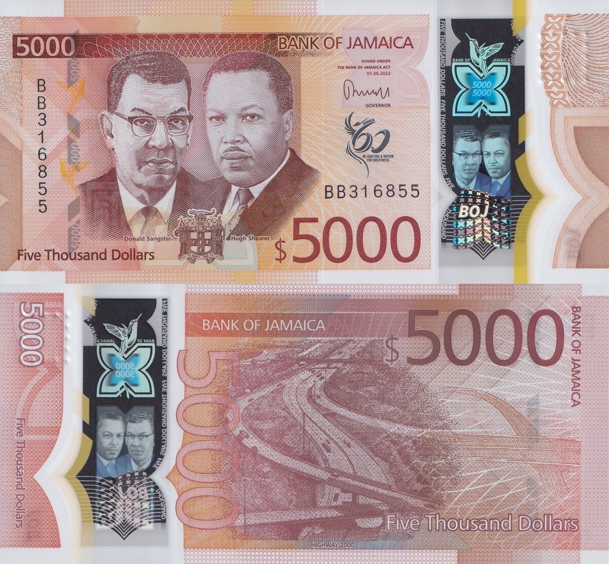 Jamaica 5000 Dollars 2022 / 2023 P 101 Polymer UNC Commemorative