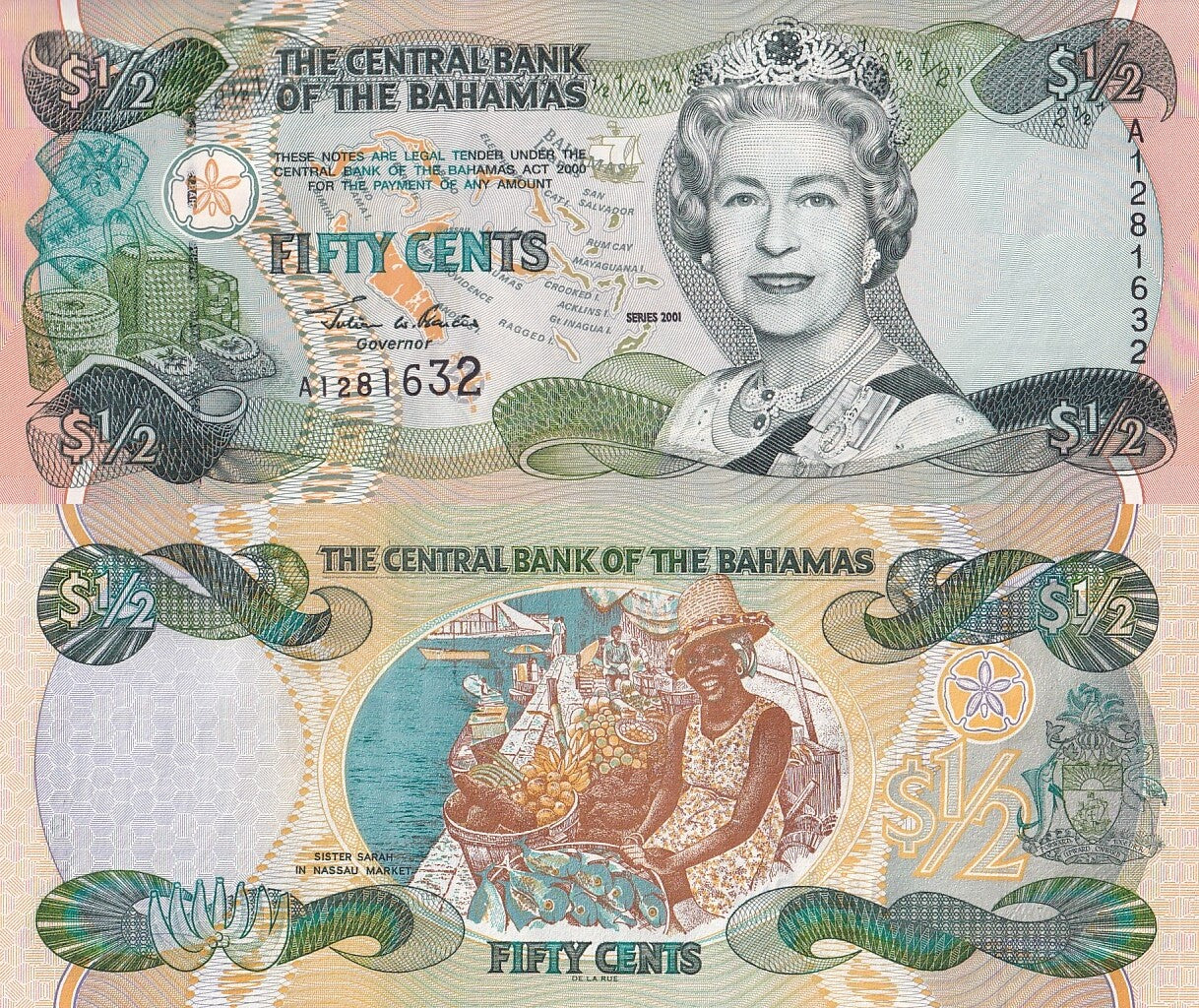 Bahamas 50 Cents 1/2 Dollar 2001 P 68 UNC Queen Elizabeth II