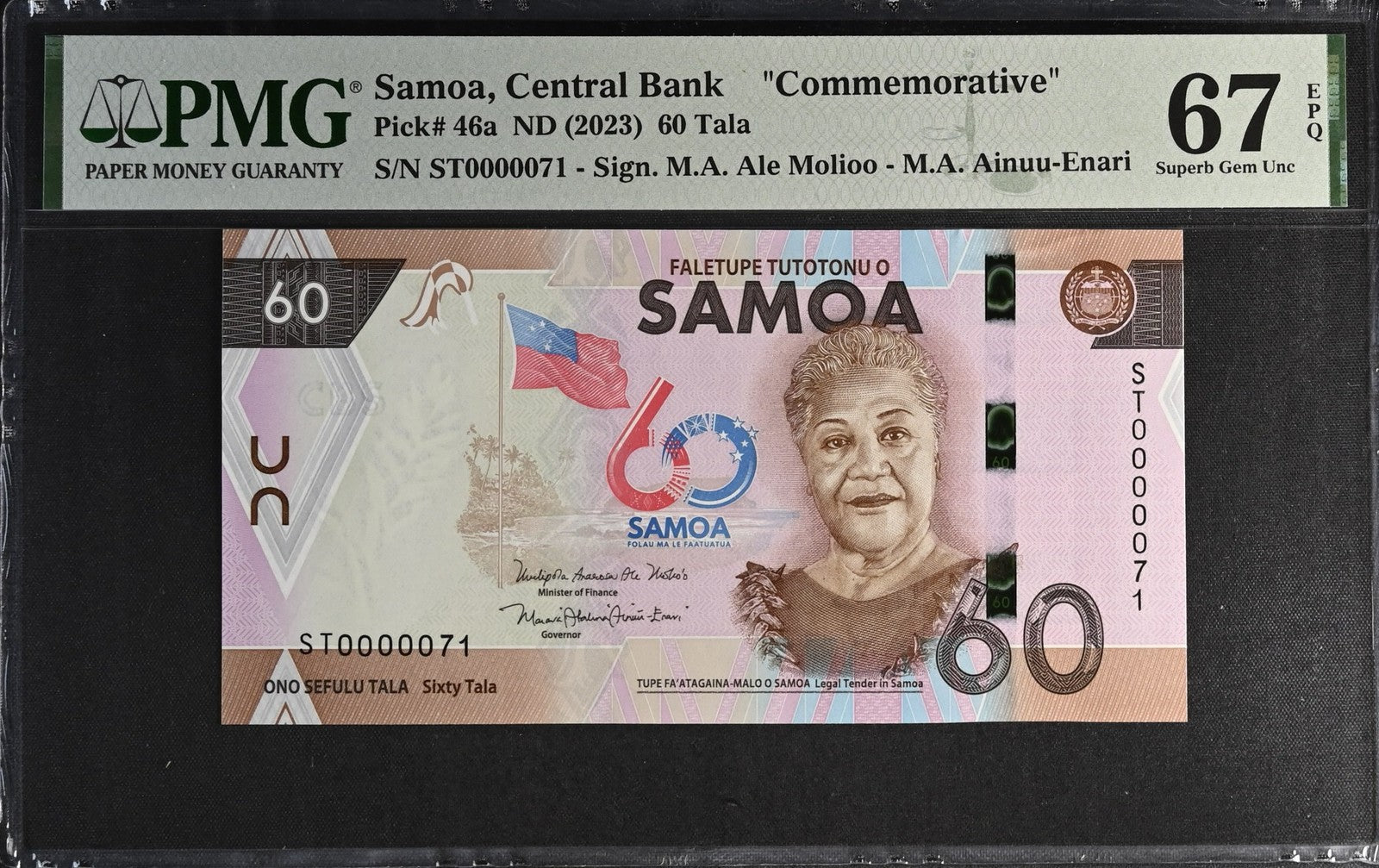Samoa COMM. 60 Tala ND (2023) P 46a UNC PMG 67 EPQ LOW S/N 0000071 3rd TOP POP