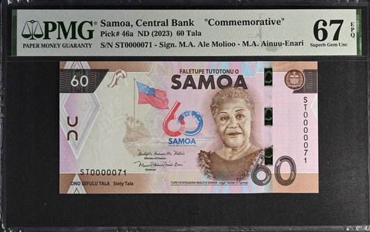 Samoa COMM. 60 Tala ND (2023) P 46a UNC PMG 67 EPQ LOW S/N 0000071 3rd TOP POP