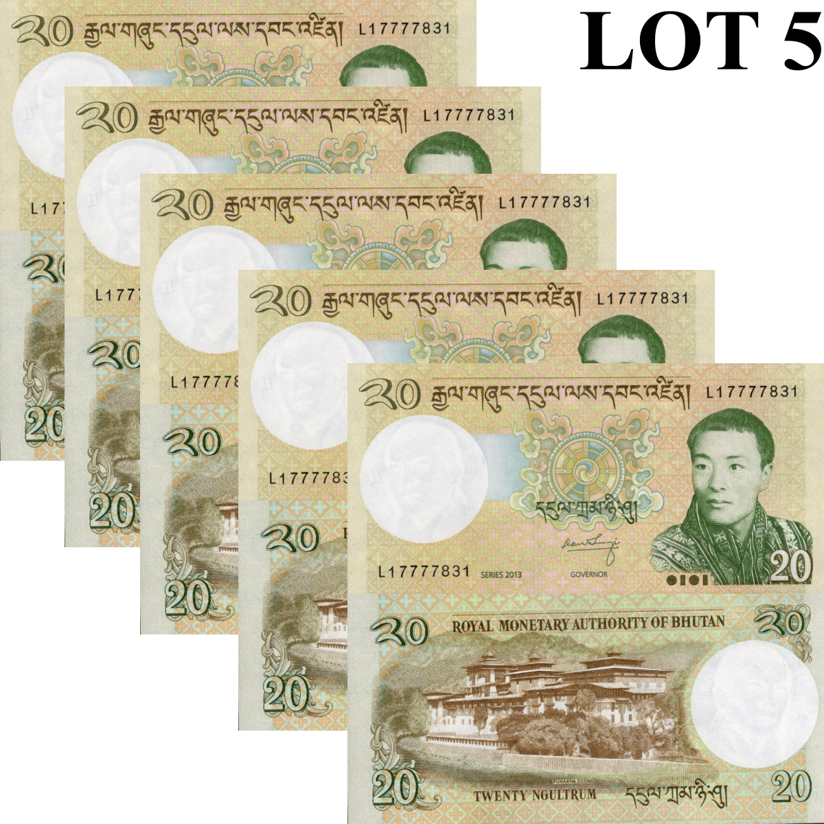 Bhutan 20 Ngultrum 2013 P 30b UNC 1/20 Bundle Lot 5 pcs