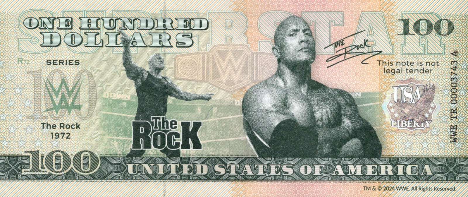 USA The Rock 100 Dollars WWE TEST NOTE 2024 UNC