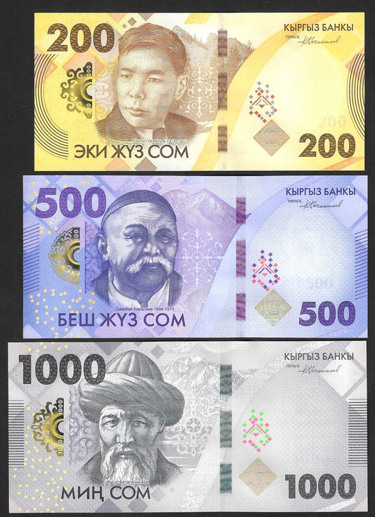 Kyrgyzstan Set 3 Pcs 200 500 1000 Som 2023 P 37 38 39 UNC