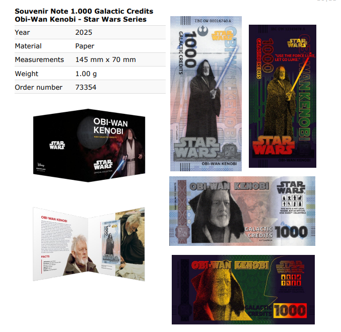 Disney Official Star Wars Test Note 10 20-5000 Galactic Credits UNC Set 8 p W/F