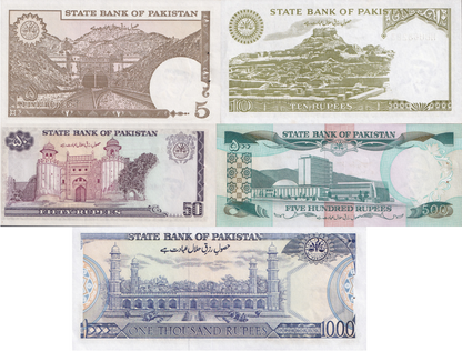 Pakistan 5 10 50-1000 Rupees ND 1983- 2006 P 38 39 40-43 UNC MINOR FOXING W/HOLE