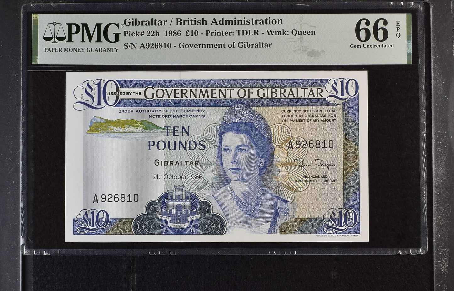 Gibraltar British Administration 10 Pounds 1986 P 22b UNC PMG 66 EPQ