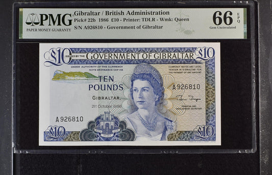 Gibraltar British Administration 10 Pounds 1986 P 22b UNC PMG 66 EPQ