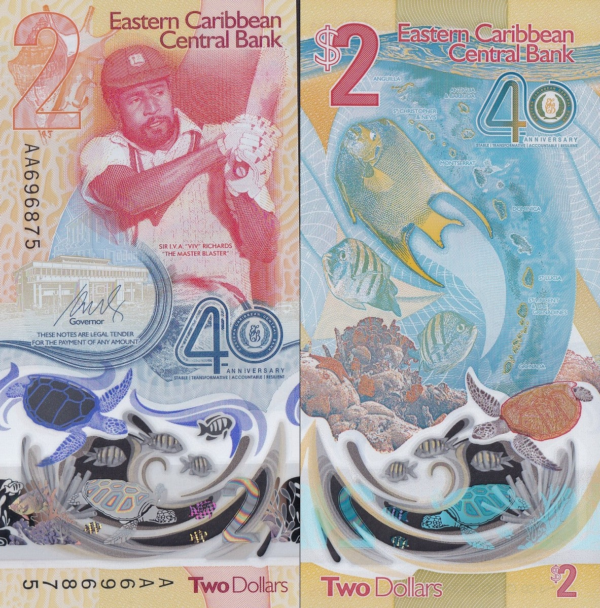 East Caribbean States COMM. 2 Dollar 2023 2024 P 61 Polymer AA First Prefix UNC