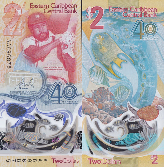 East Caribbean States COMM. 2 Dollar 2023 2024 P 61 Polymer AA First Prefix UNC