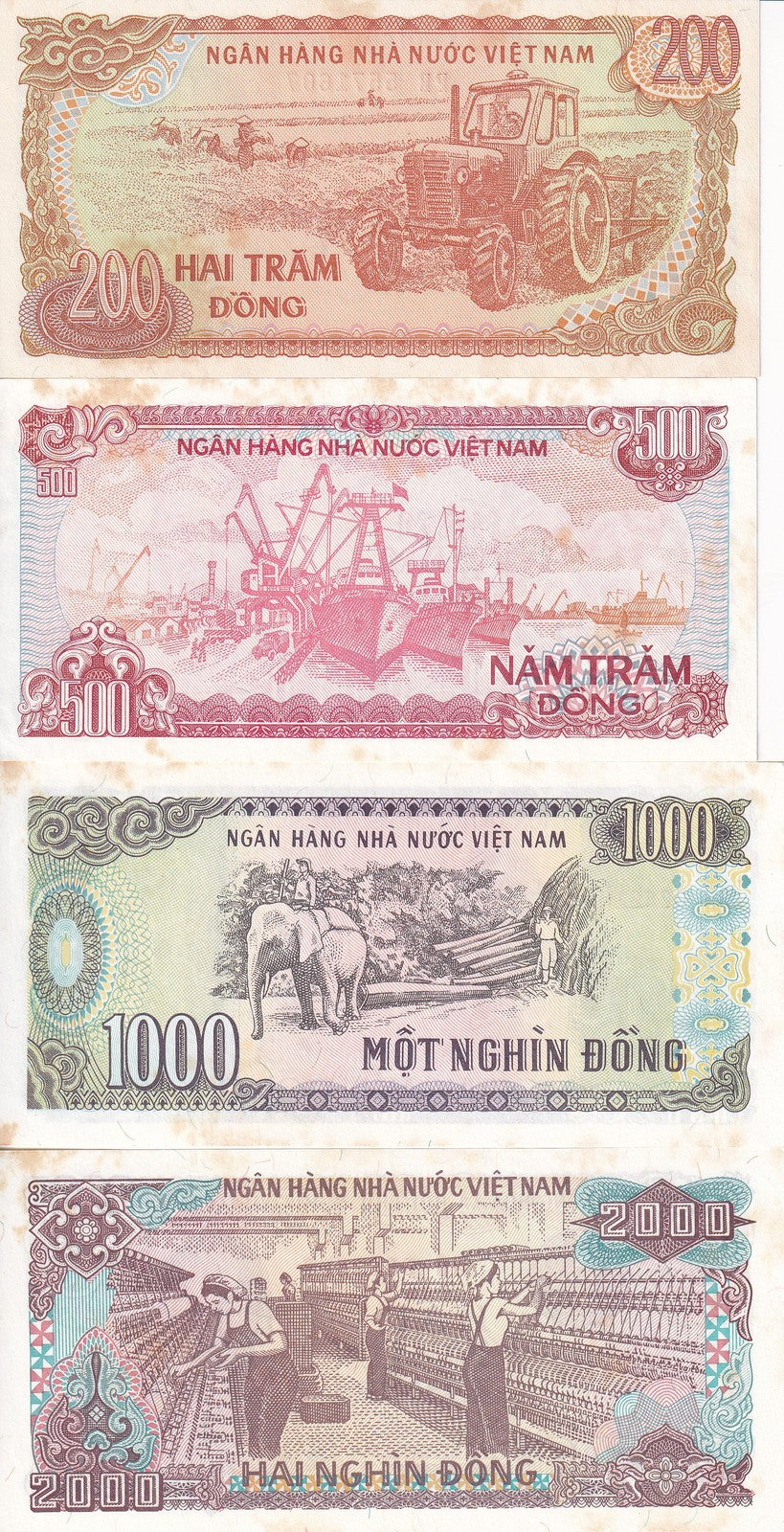 Viet Nam Vietnam 200 500-2000 Dong 1987-1988 P 100 101-107 UNC Set 4 pcs FOXING