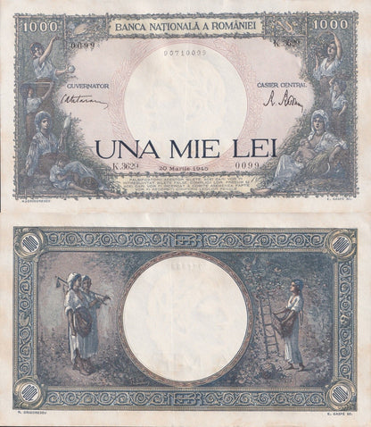 Romania 1000 Lei 1945 P 52 UNC FOXING