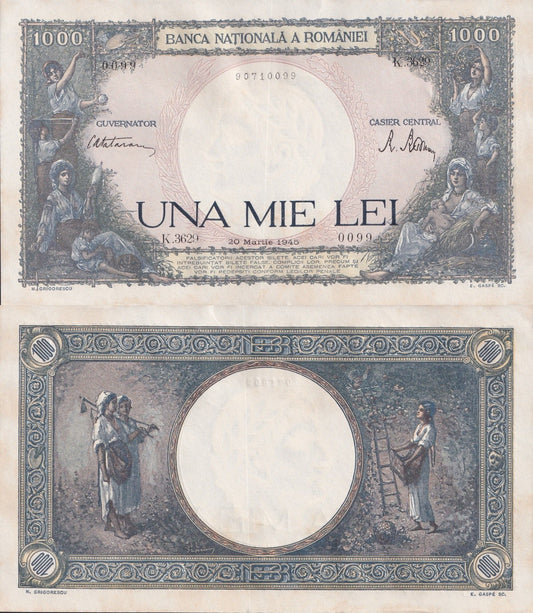 Romania 1000 Lei 1945 P 52 UNC FOXING