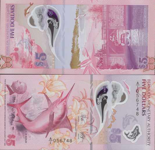 Bermuda 5 Dollars 2024 P 64a Polymer UNC A/1 Prefix