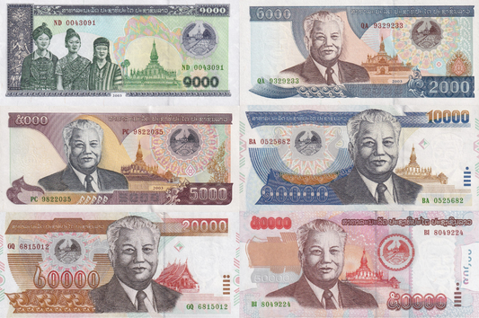 LAOS 1000 2000 5000 10000 20000 50000 Kip 2002-2004 P 32-38 UNC Set 6 pcs