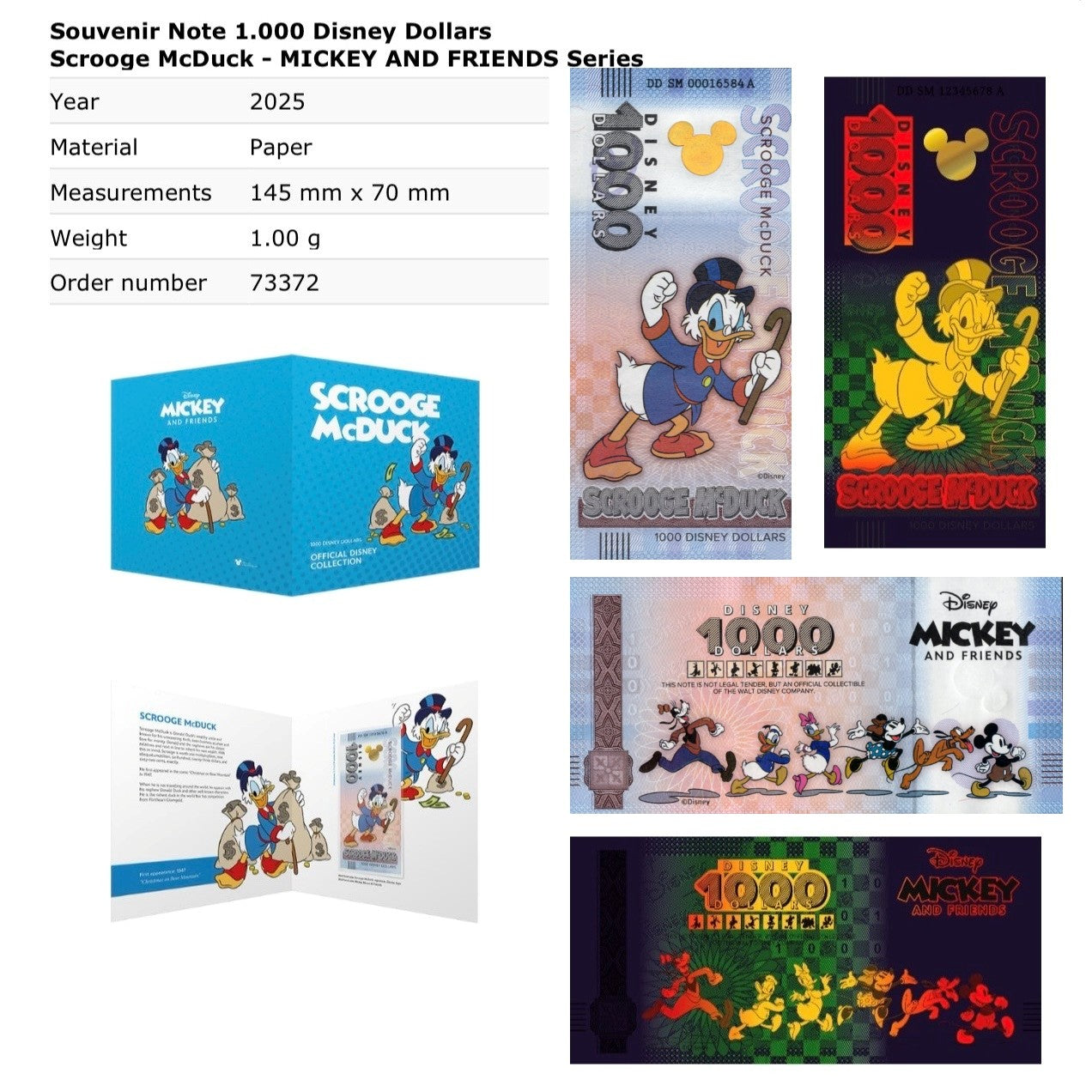 Disney Official Mickey Mouse & Frinds 1000 Dollars 2025 Scrooge Mcduck UNC W/F