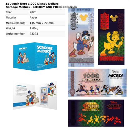 Disney Official Mickey Mouse & Frinds 1000 Dollars 2025 Scrooge Mcduck UNC W/F