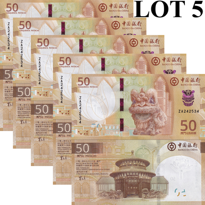 Macau Macao 50 Patacas 2025 P 131 New Issue UNC BOC ZA Replacement Lot 5 pcs