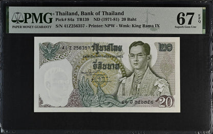 Thailand Bank of Thailand 20 Baht ND (1971-81) P 84a UNC PMG 67 EPQ