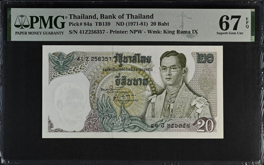 Thailand Bank of Thailand 20 Baht ND (1971-81) P 84a UNC PMG 67 EPQ