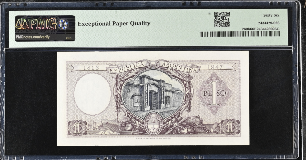Argentina Commemorative 1 Peso ND (1952-55) P 260b UNC PMG 66 EPQ 2nd TOP POP
