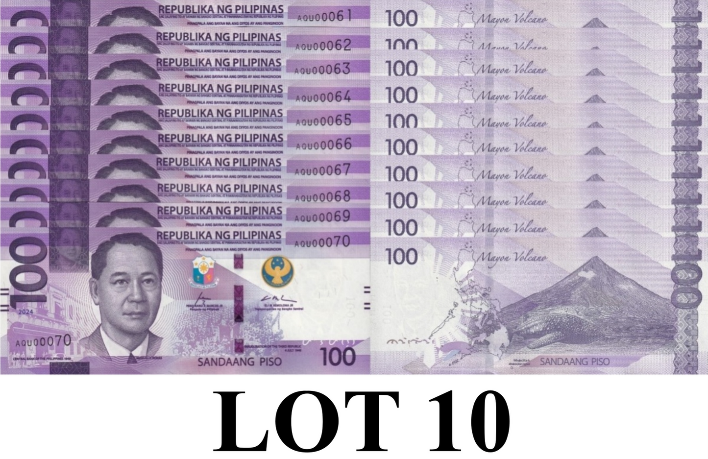 Philippines 100 Piso 2024 P 232A UNC Consecutive Lot 10 pcs LOW S/N 61-70