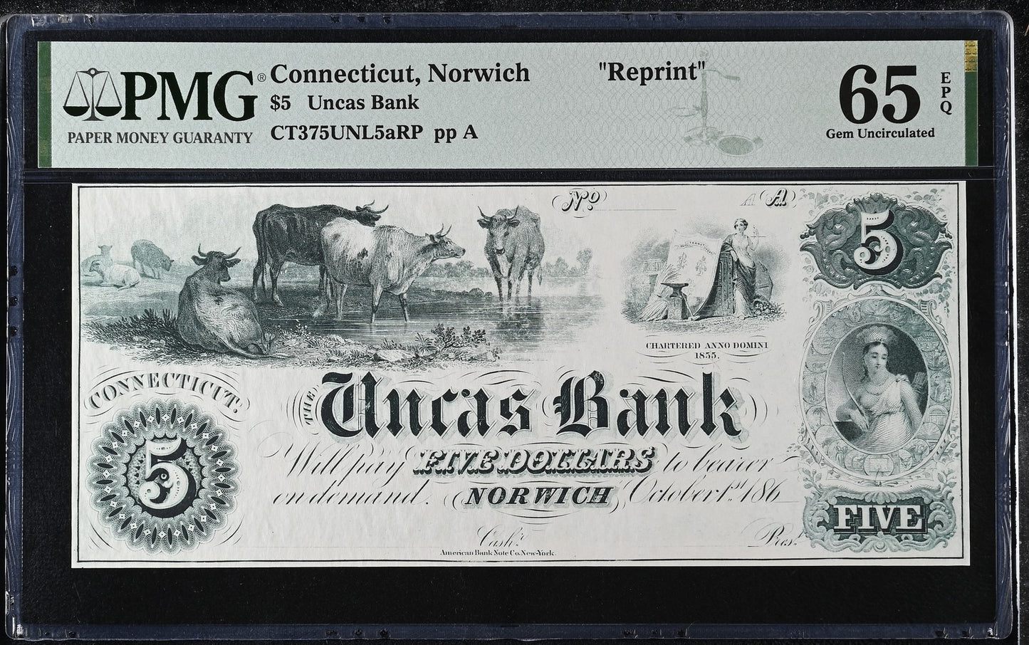 Connecticut Norwich Reprint 1-5$ Obsolete Bank Note UNC PMG 65 66 EPQ Set 3 pcs